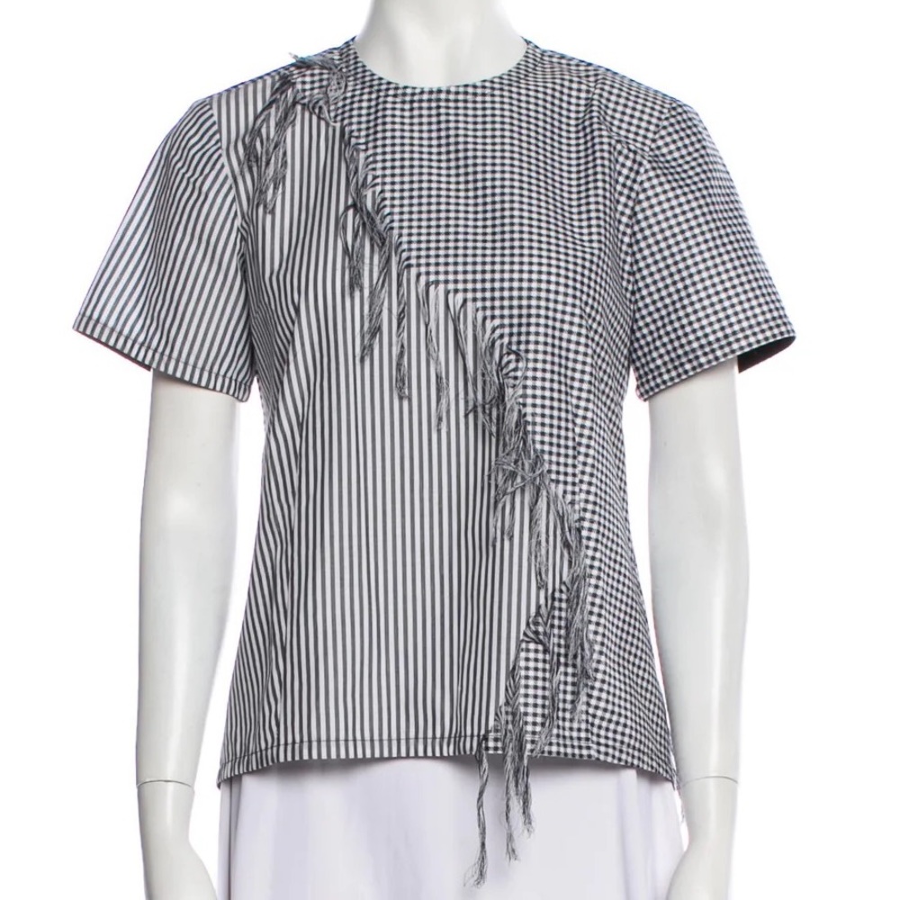Derek Lam striped gingham top Blouse frayed accent short sleeve crew‎ neck